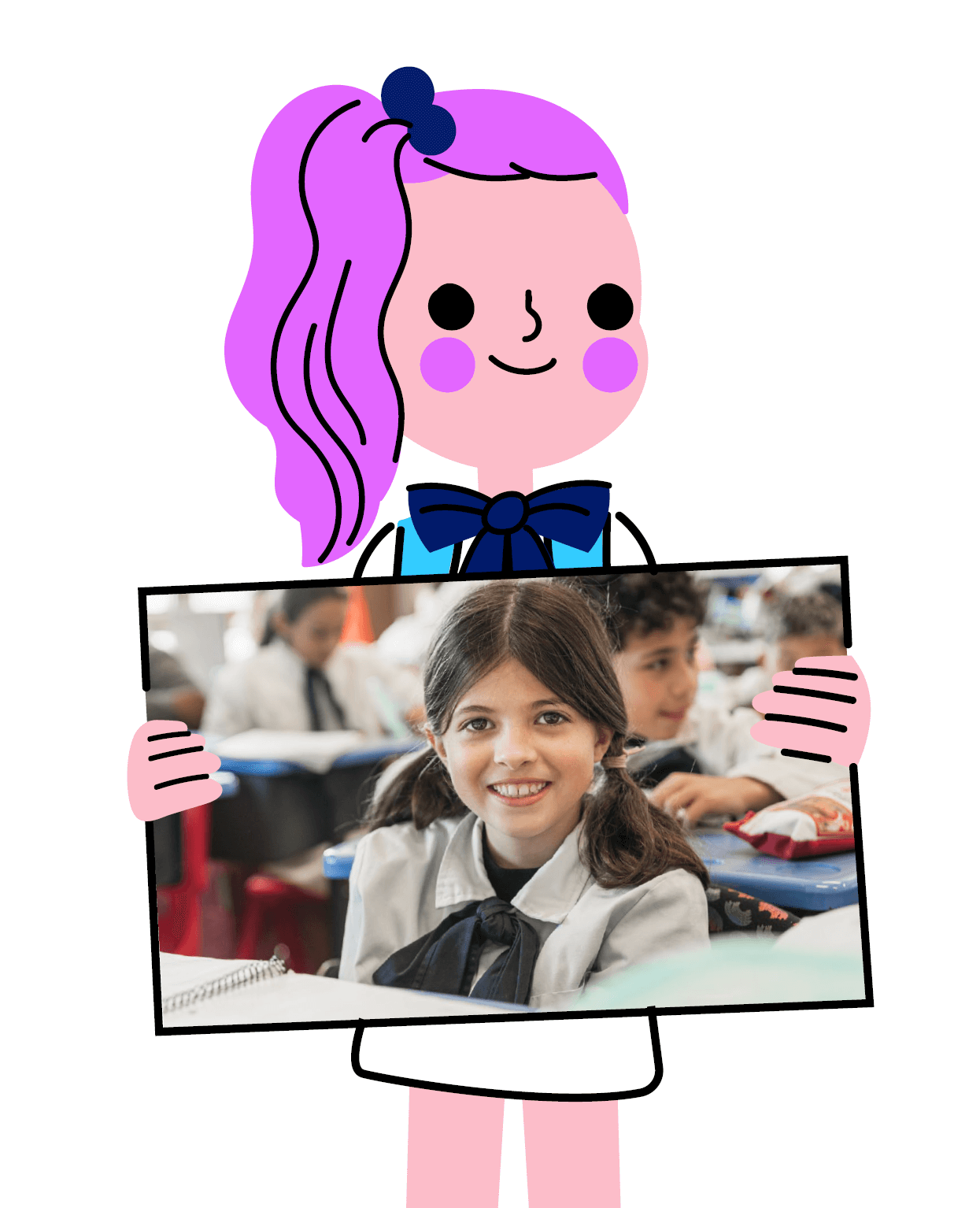 Illustration of a schoolgirl showing a photo of a girl at school